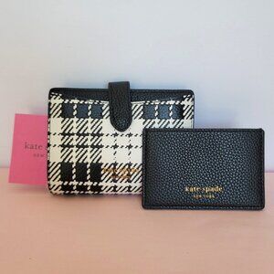 KATE SPADE Hudson SMALL Posh Plaid Embossed Pebbled Leather Bifold Wallet-Black